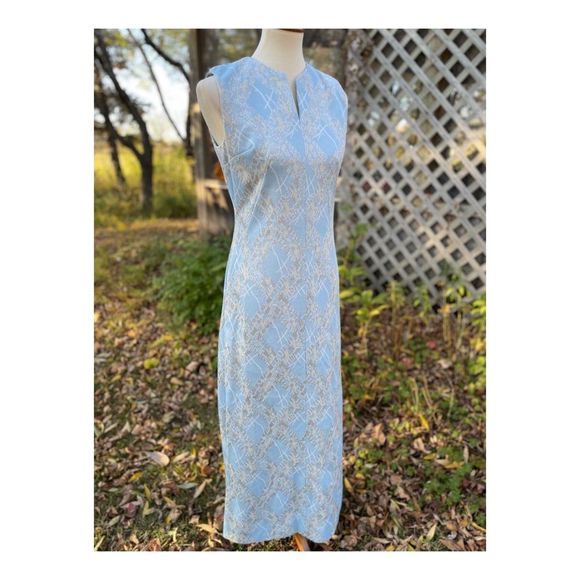 Vintage 50s Metallic Ice Blue Formal Gown Dress Maxi Silver Threads Cheongsam - Picture 4 of 14